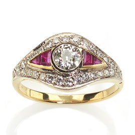 Art Deco Style Ruby and Diamond 18ct Gold Ring