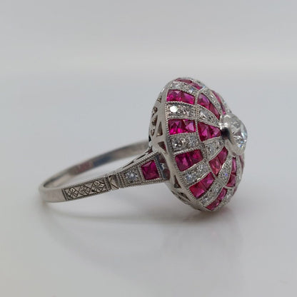 Art Deco Style Ruby and Diamond Bombe Ring