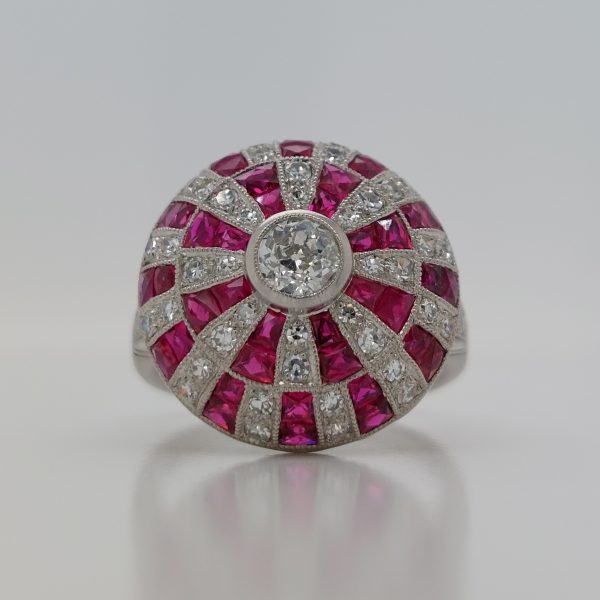 Art Deco Style Ruby and Diamond Bombe Ring