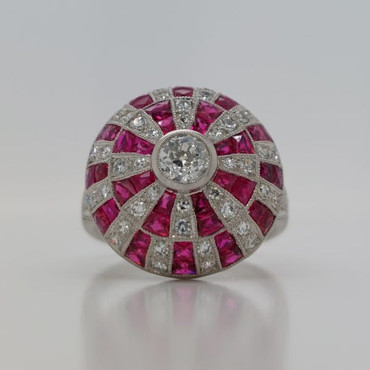 Art Deco Style Ruby and Diamond Bombe Ring