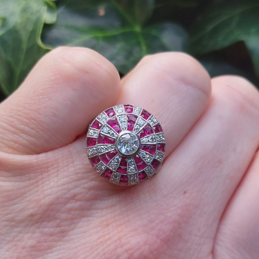 Art Deco Style Ruby and Diamond Bombe Ring