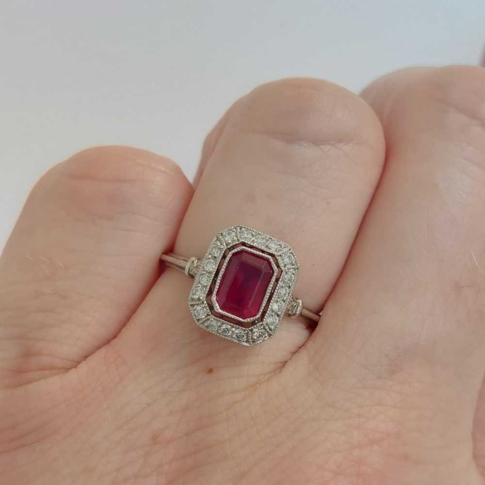 Art Deco Style Ruby and Diamond Cluster Ring, 1.20ct