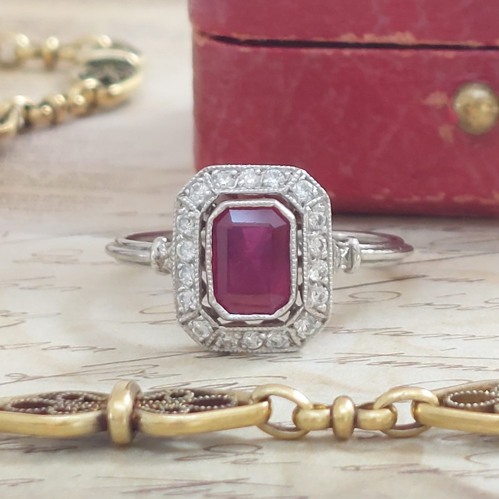 Art Deco Style Ruby and Diamond Cluster Ring, 1.20ct