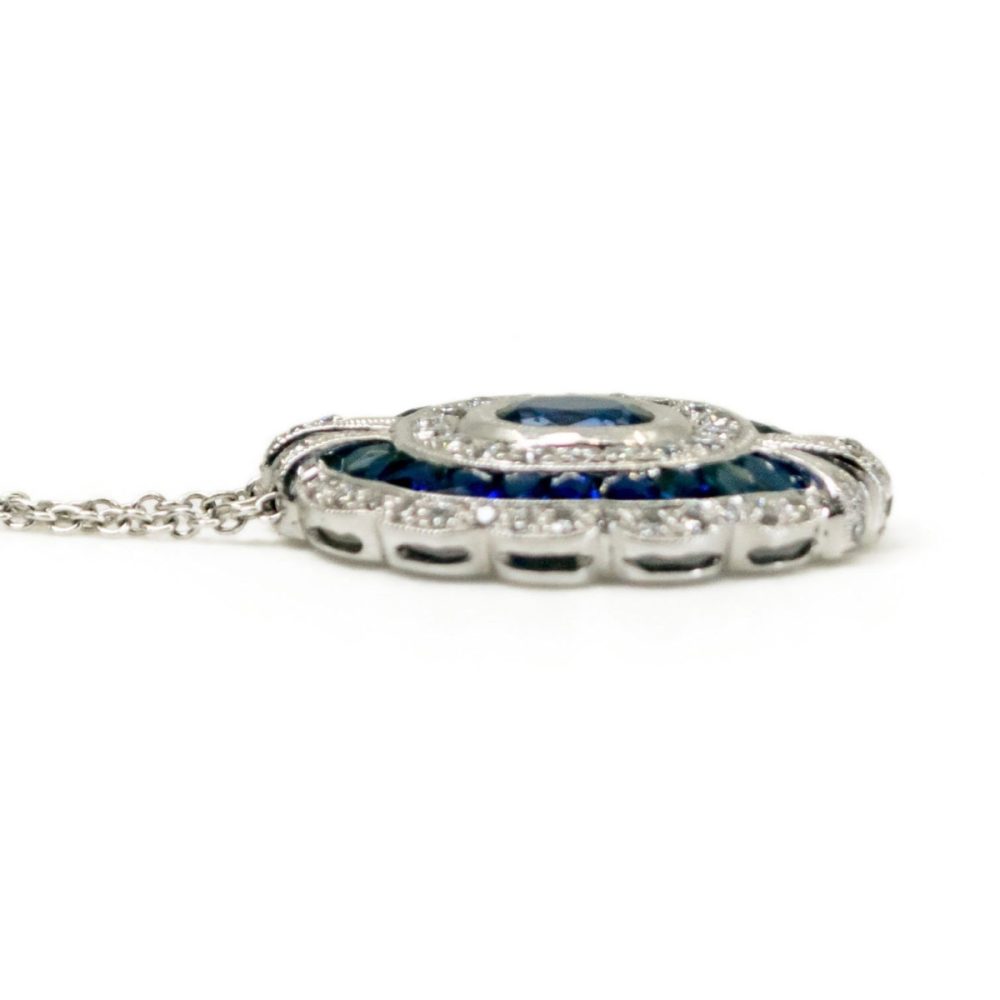 Art Deco Style Sapphire Diamond 18ct White Gold Pendant Necklace