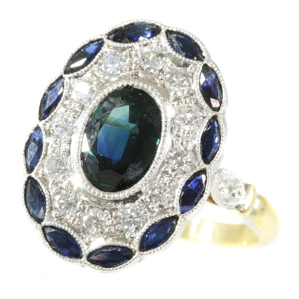Art Deco Style Sapphire Diamond Cluster Gold Ring