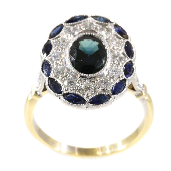 Art Deco Style Sapphire Diamond Cluster Gold Ring