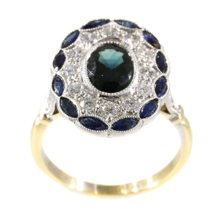 Art Deco Style Sapphire Diamond Cluster Gold Ring