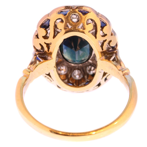 Art Deco Style Sapphire Diamond Cluster Gold Ring