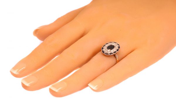 Art Deco Style Sapphire Diamond Cluster Gold Ring