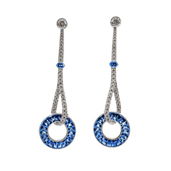 Art Deco Style Sapphire and Diamond Drop Earrings
