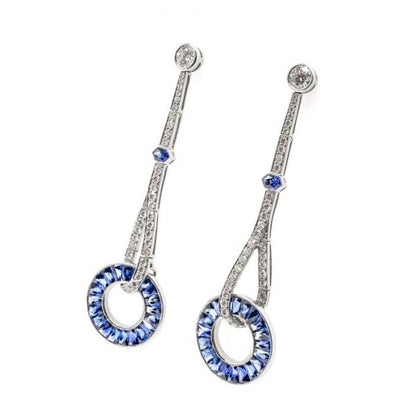 Art Deco Style Sapphire and Diamond Drop Earrings, Platinum