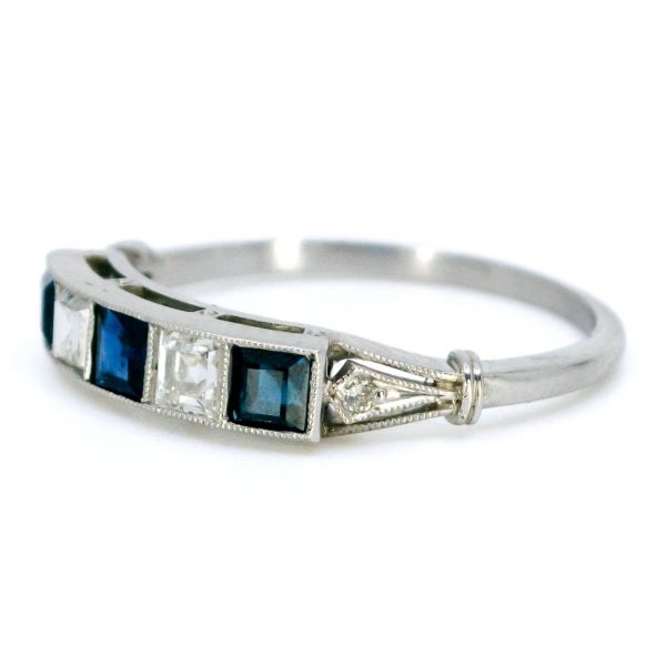 Art Deco Style Sapphire and Diamond Platinum Five Stone Ring