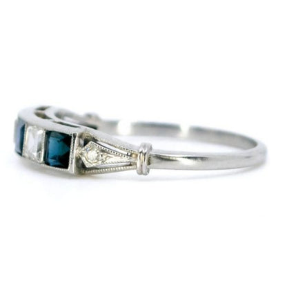 Art Deco Style Sapphire and Diamond Platinum Five Stone Ring