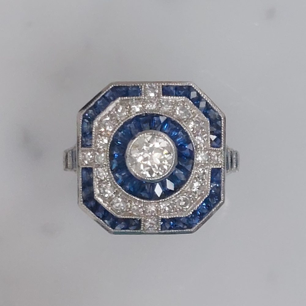 Art Deco Style Sapphire and Diamond Target Ring, 0.70ct