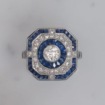 Art Deco Style Sapphire and Diamond Target Ring, 0.70ct
