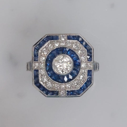 Art Deco Style Sapphire and Diamond Target Ring, 0.70ct