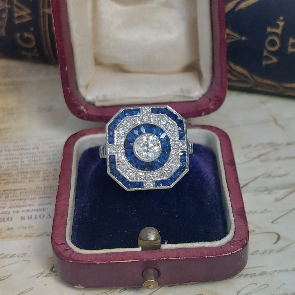 Art Deco Style Sapphire and Diamond Target Ring, 0.70ct