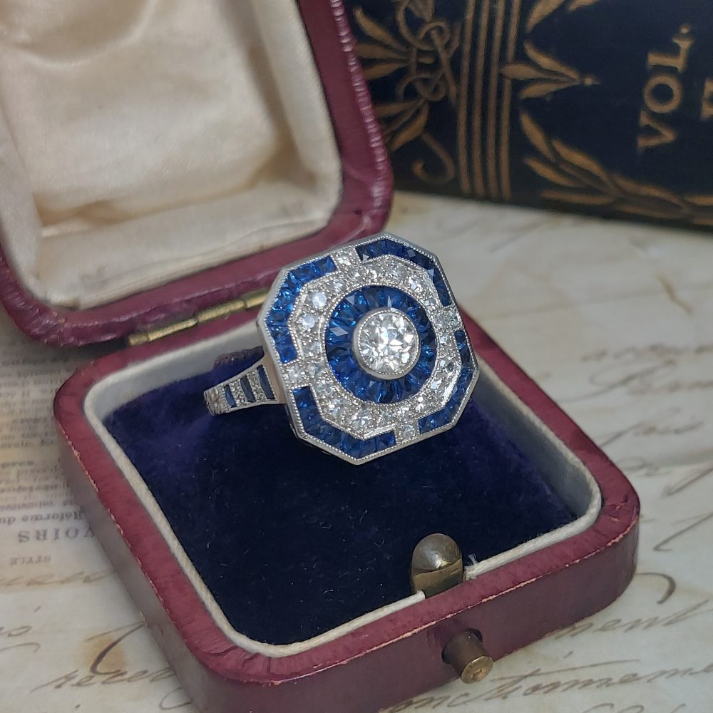 Art Deco Style Sapphire and Diamond Target Ring, 0.70ct