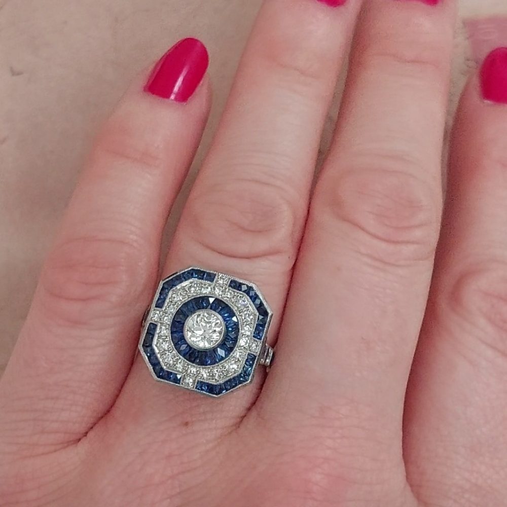 Art Deco Style Sapphire and Diamond Target Ring, 0.70ct