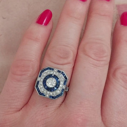 Art Deco Style Sapphire and Diamond Target Ring, 0.70ct
