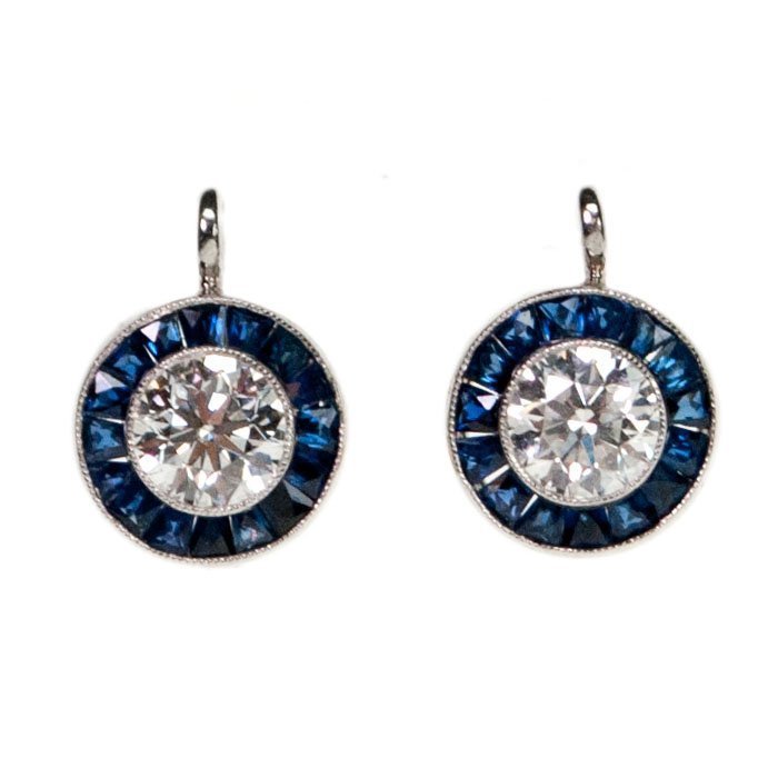 Art Deco Style Target Sapphire and Diamond Platinum Earrings