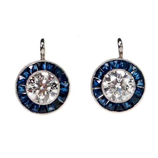 Art Deco Style Target Sapphire and Diamond Platinum Earrings