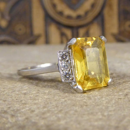 Art Deco Style Yellow Sapphire 3.70cts and Diamond Platinum Ring