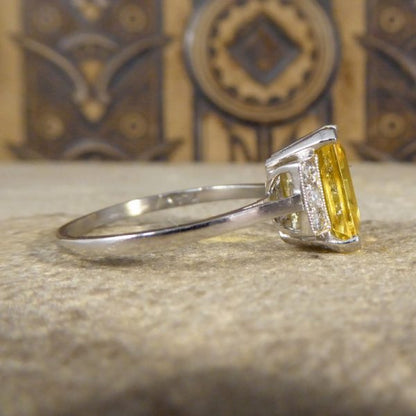 Art Deco Style Yellow Sapphire 3.70cts and Diamond Platinum Ring