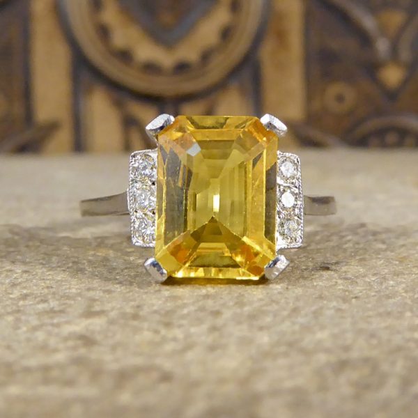 Art Deco Style Yellow Sapphire 3.70cts and Diamond Platinum Ring