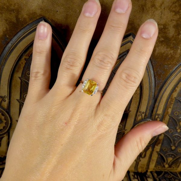 Art Deco Style Yellow Sapphire 3.70cts and Diamond Platinum Ring