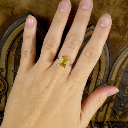 Art Deco Style Yellow Sapphire 3.70cts and Diamond Platinum Ring