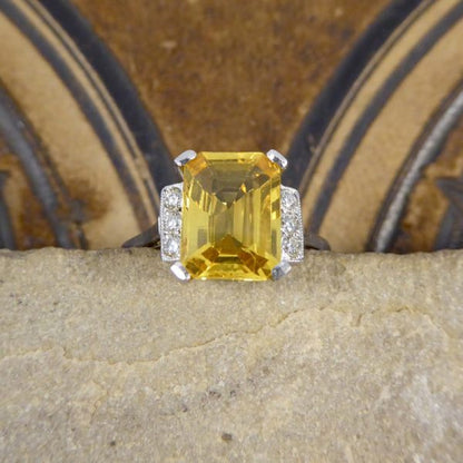 Art Deco Style Yellow Sapphire 3.70cts and Diamond Platinum Ring