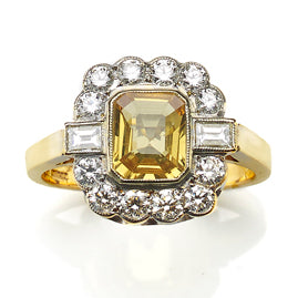 Art Deco Style Yellow Sapphire Diamond 18ct Gold Ring
