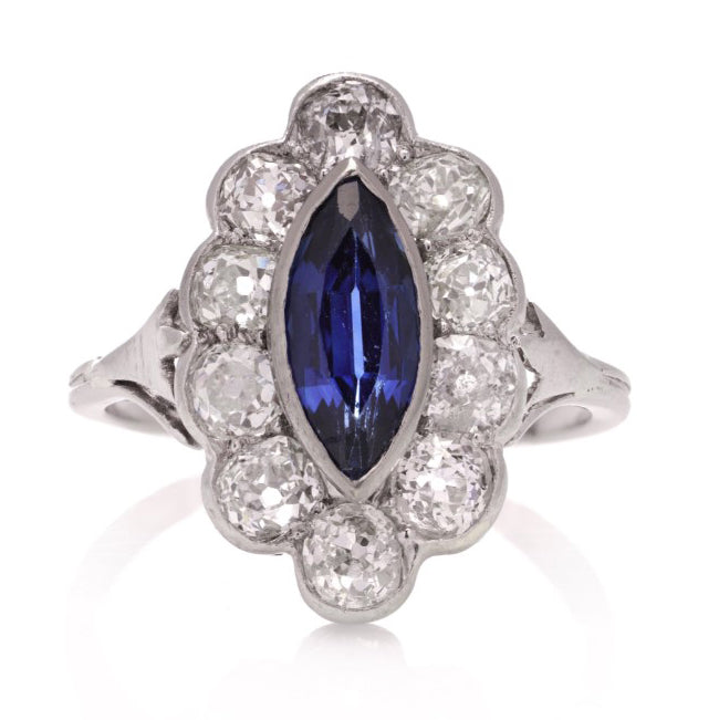 Art Deco 1ct Marquise Ceylon Sapphire and 2ct Old Cut Diamond Cluster Ring