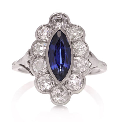 Art Deco 1ct Marquise Ceylon Sapphire and 2ct Old Cut Diamond Cluster Ring