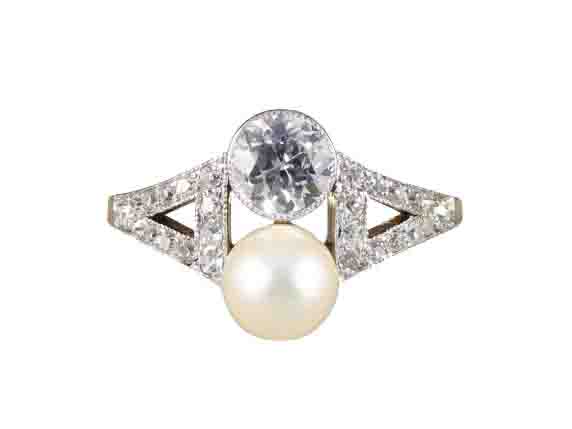 Art Deco natural pearl and diamond ring two stone platinum