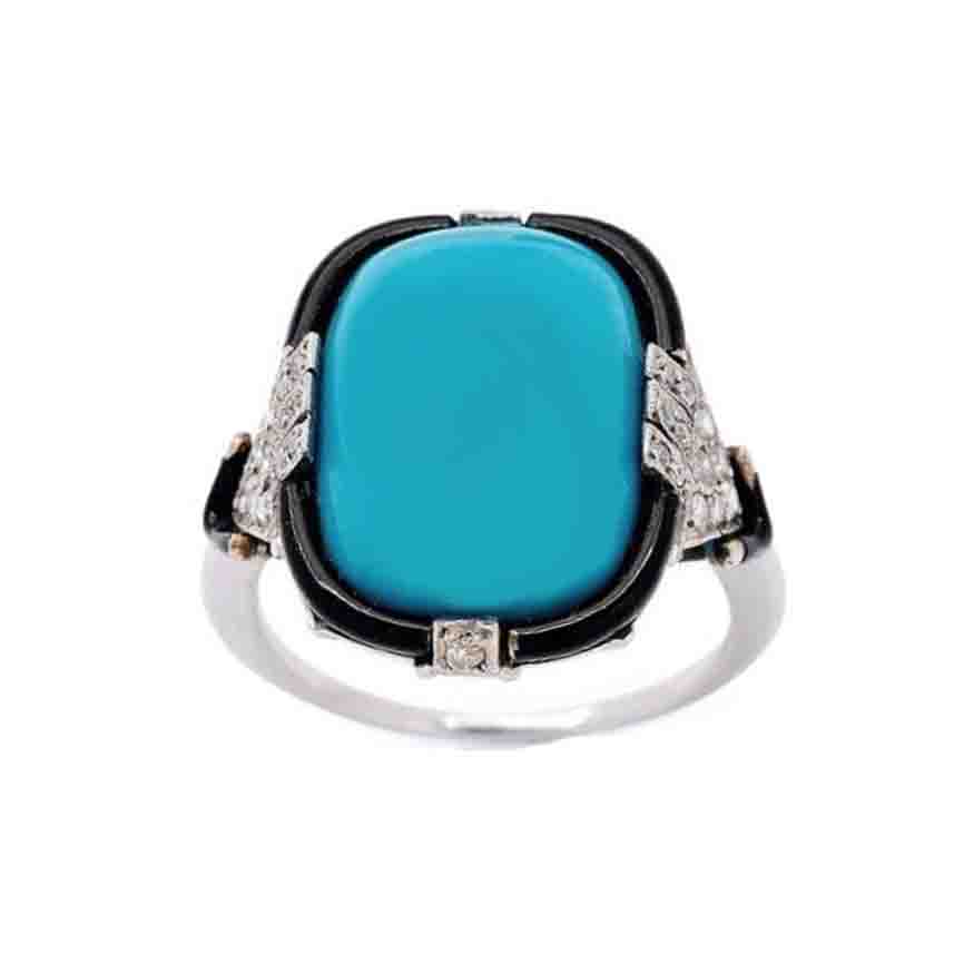 Art Deco turquoise enamel diamond ring cocktail 1925 natural turquoise with a border of black enamel