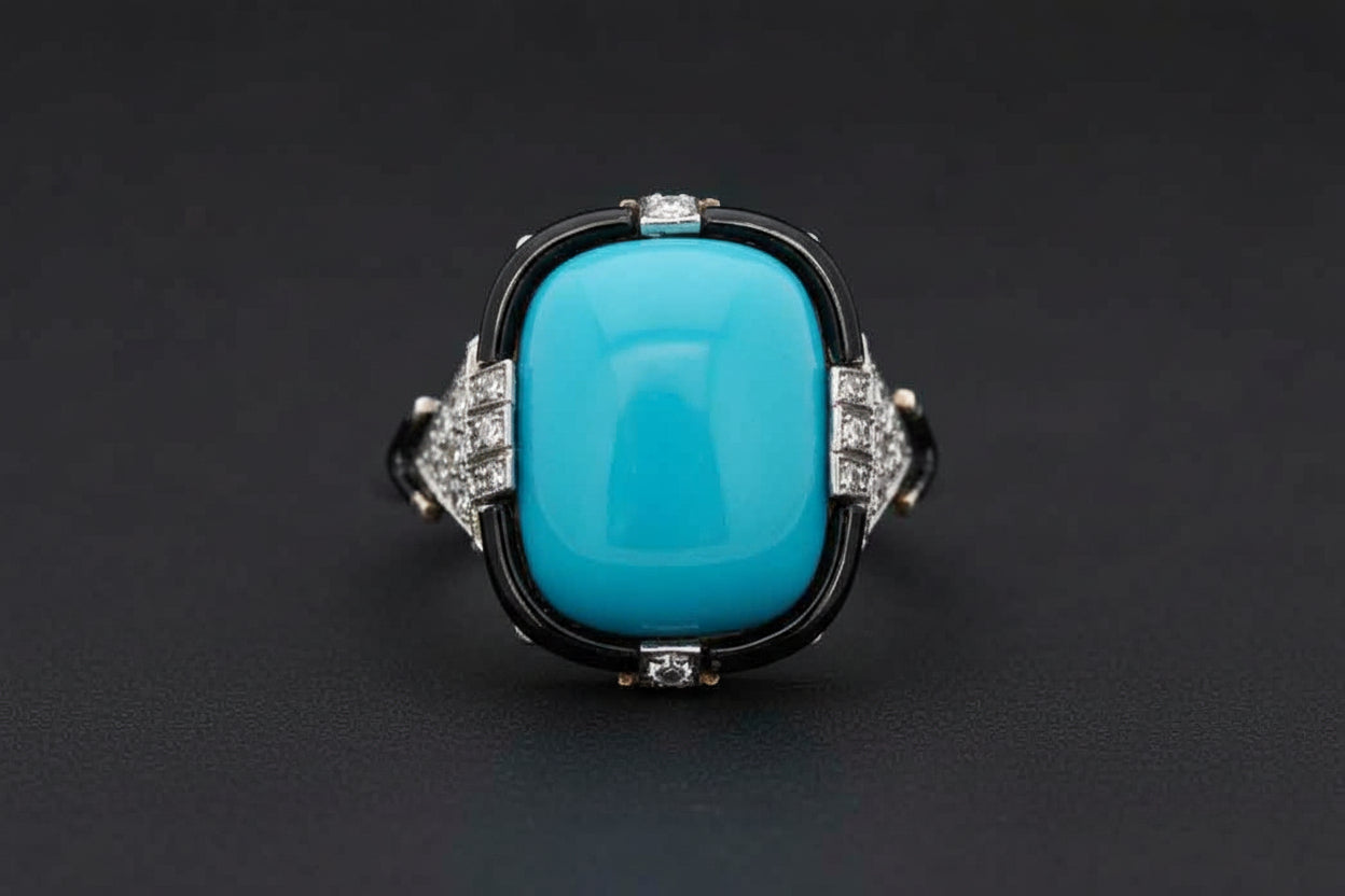 Art Deco Turquoise, Enamel and Diamond Ring, 1925