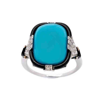 Art Deco turquoise enamel diamond ring cocktail 1925 natural turquoise with a border of black enamel