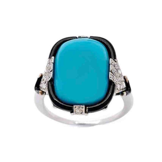 Art Deco turquoise enamel diamond ring cocktail 1925 natural turquoise with a border of black enamel