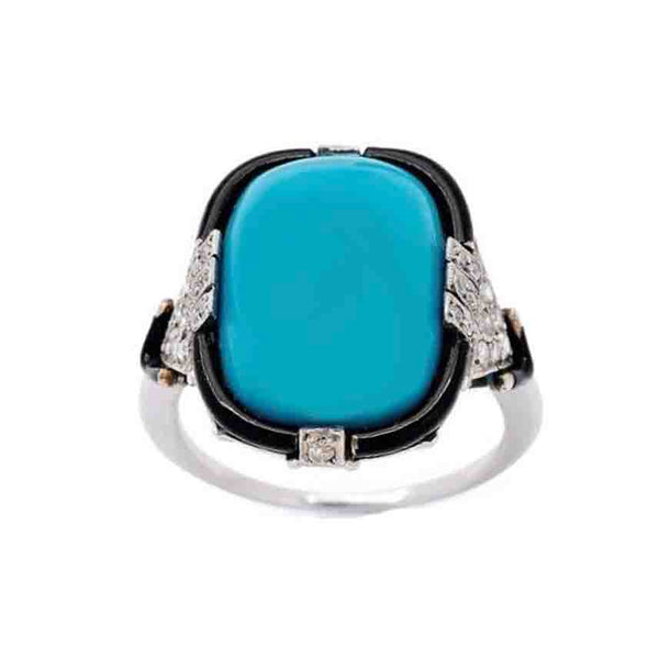 Art Deco turquoise enamel diamond ring cocktail 1925 natural turquoise with a border of black enamel