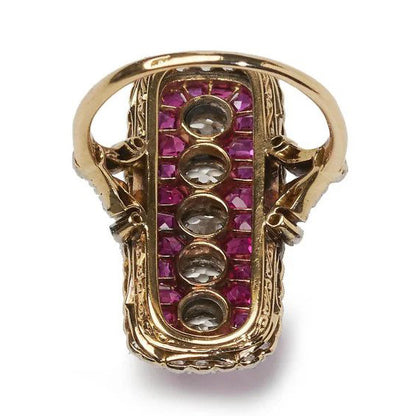 Art Deco Ruby and Diamond Five Stone Cluster Plaque Ring
