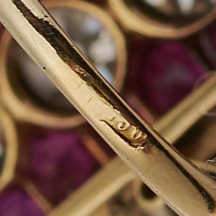 Art Deco Ruby and 2ct Old Cut Diamond Five Stone Cluster Plaque Ring in Platinum upon Gold