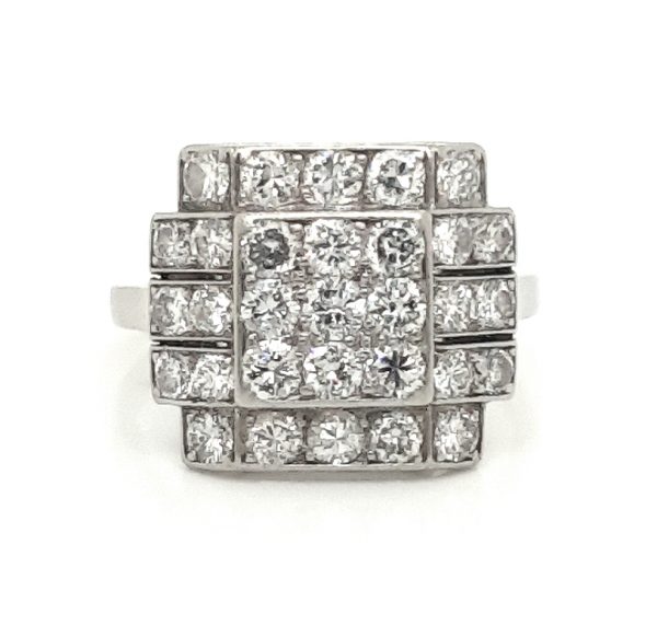 Art Deco Square shape dress cocktail ring platinum cluster in platinum