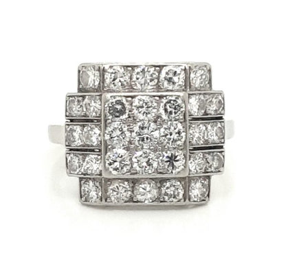 Art Deco Square shape dress cocktail ring platinum cluster in platinum