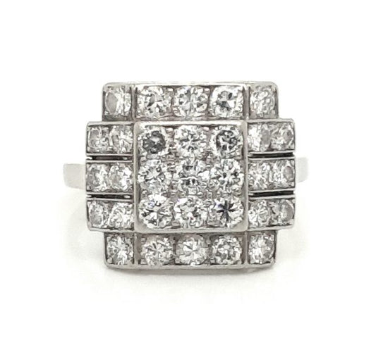 Art Deco Square shape dress cocktail ring platinum cluster in platinum
