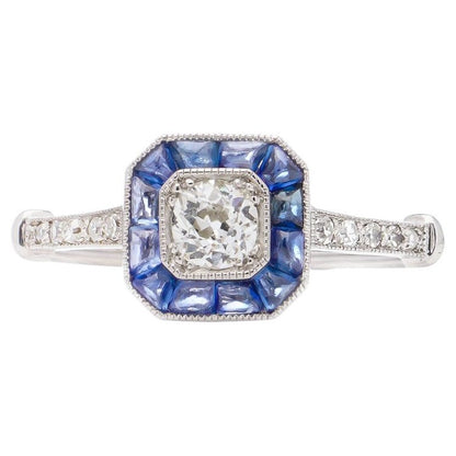 Art Deco Style Diamond and Sapphire Cluster Engagement Ring in Platinum