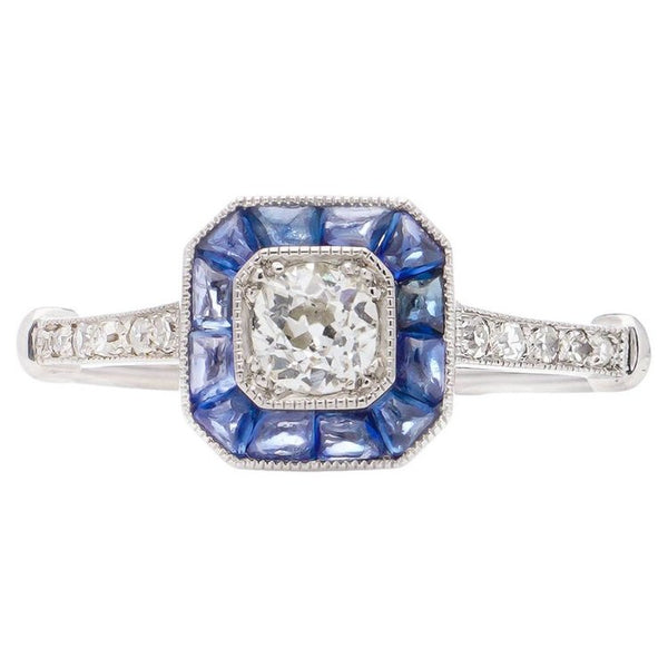 Art Deco Style Diamond and Sapphire Cluster Engagement Ring in Platinum