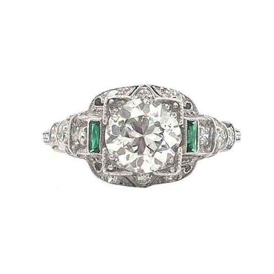 Art Deco Emerald and Old Cut Diamond Engagement Ring, Platinum, 1.20cts