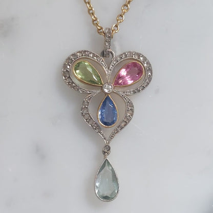 Art Nouveau Antique Gem and Diamond Pendant Necklace